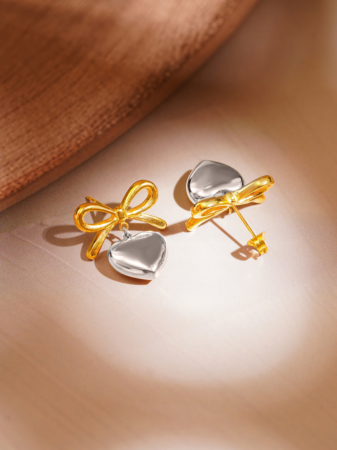 Heart Bow Earrings Two Tone