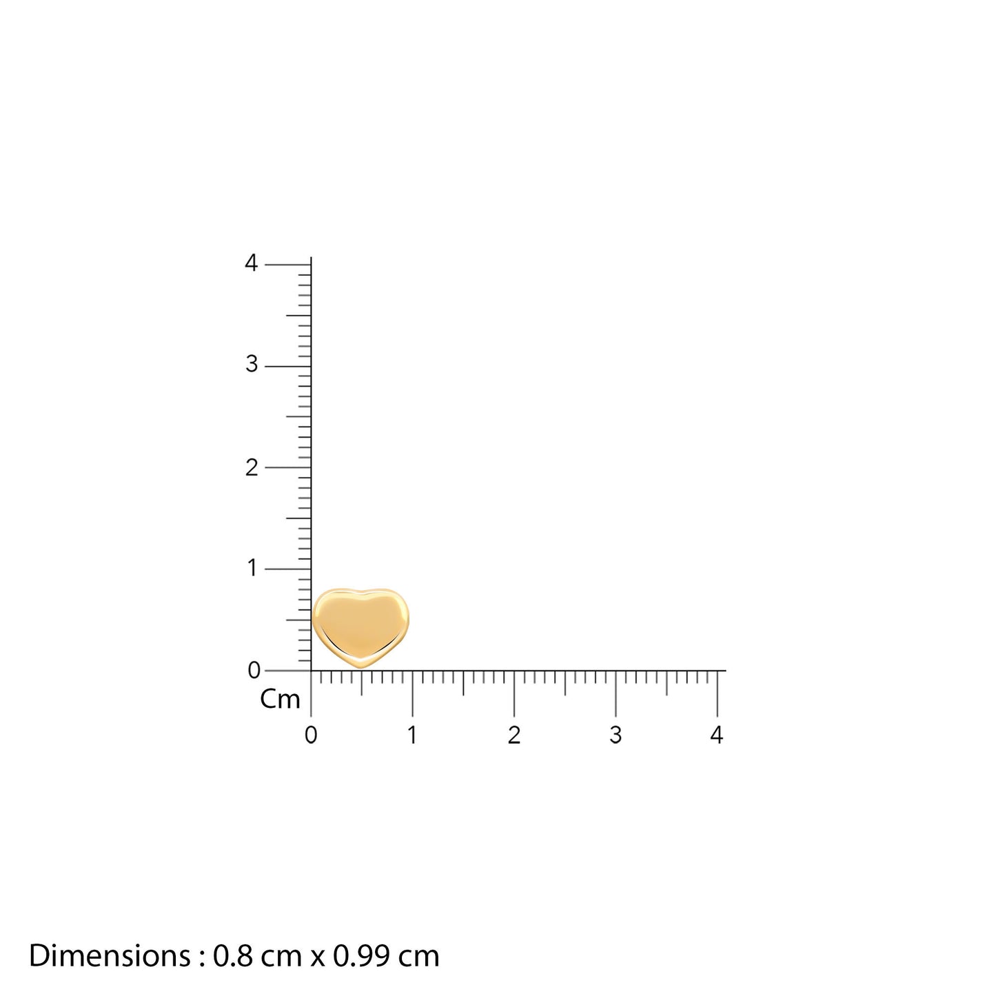 Gold heart-shaped object with a ruler for scale on a white background