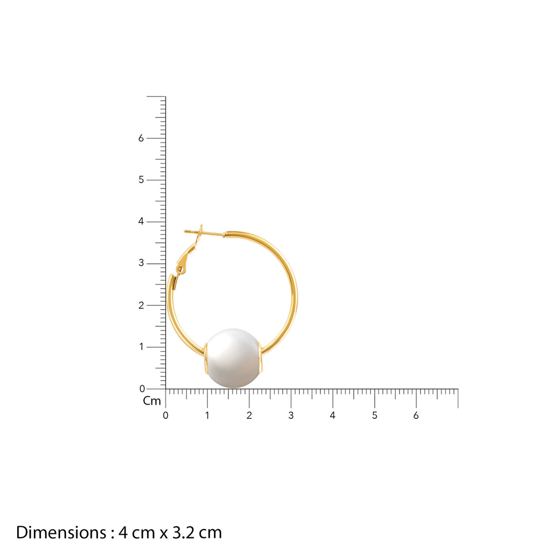 Gold hoop earring with a pearl on a white background with a ruler for scale.