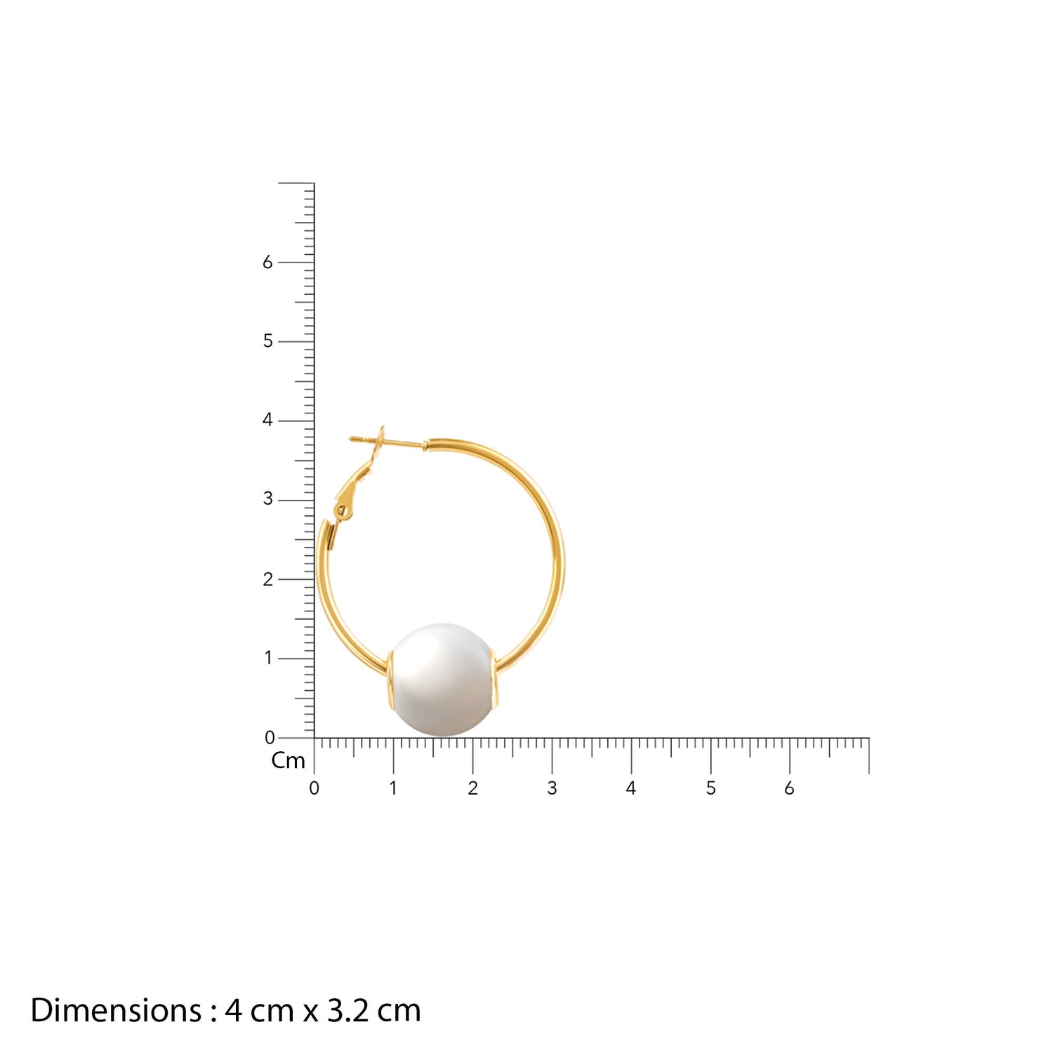 Gold hoop earring with a pearl on a white background with a ruler for scale.