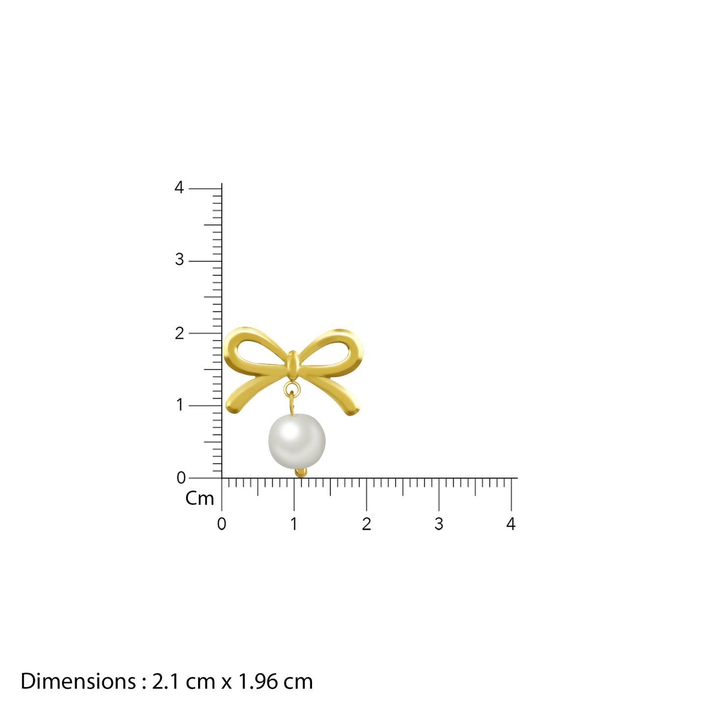 Gold bow charm with a pearl on a white background with a ruler for scale.