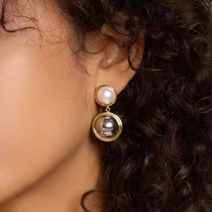 18K Gold Plated Lunar Grace Gold Double Drop Pearl Earrings
