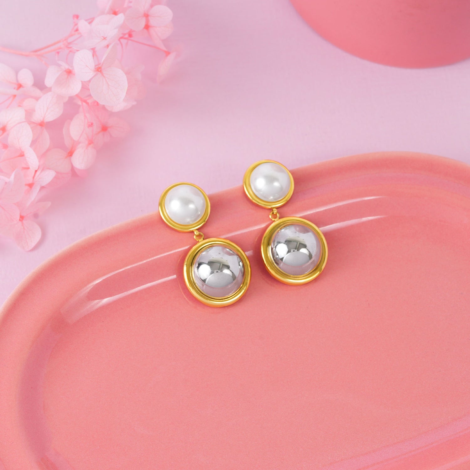 18K Gold Plated Lunar Grace Gold Double Drop Pearl Earrings