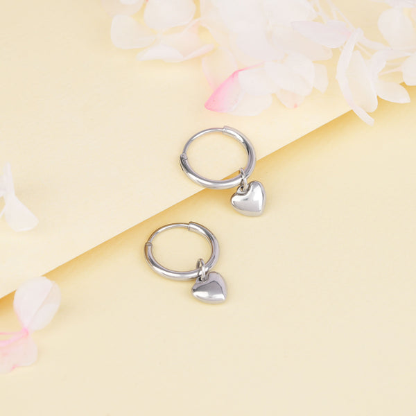 Heart Charm Hoop Earrings Silver
