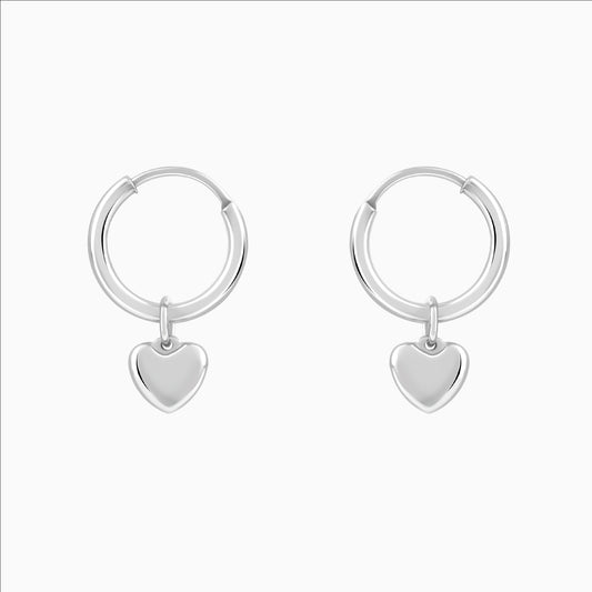 Silver hoop earrings with heart charm drops