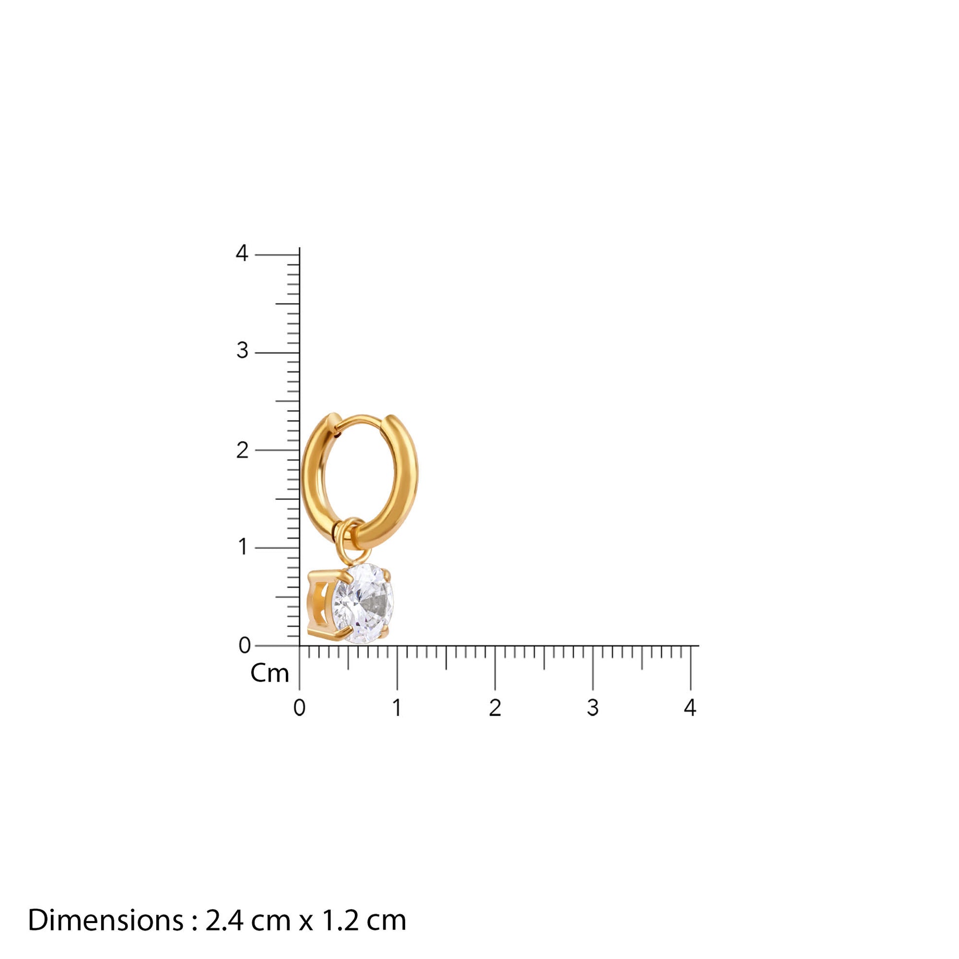 Gold hoop earring with a clear gemstone next to a ruler on a white background