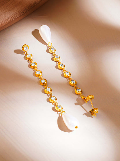 18K Gold Plated CZ Studded Pearl Tassel Statement Earrings