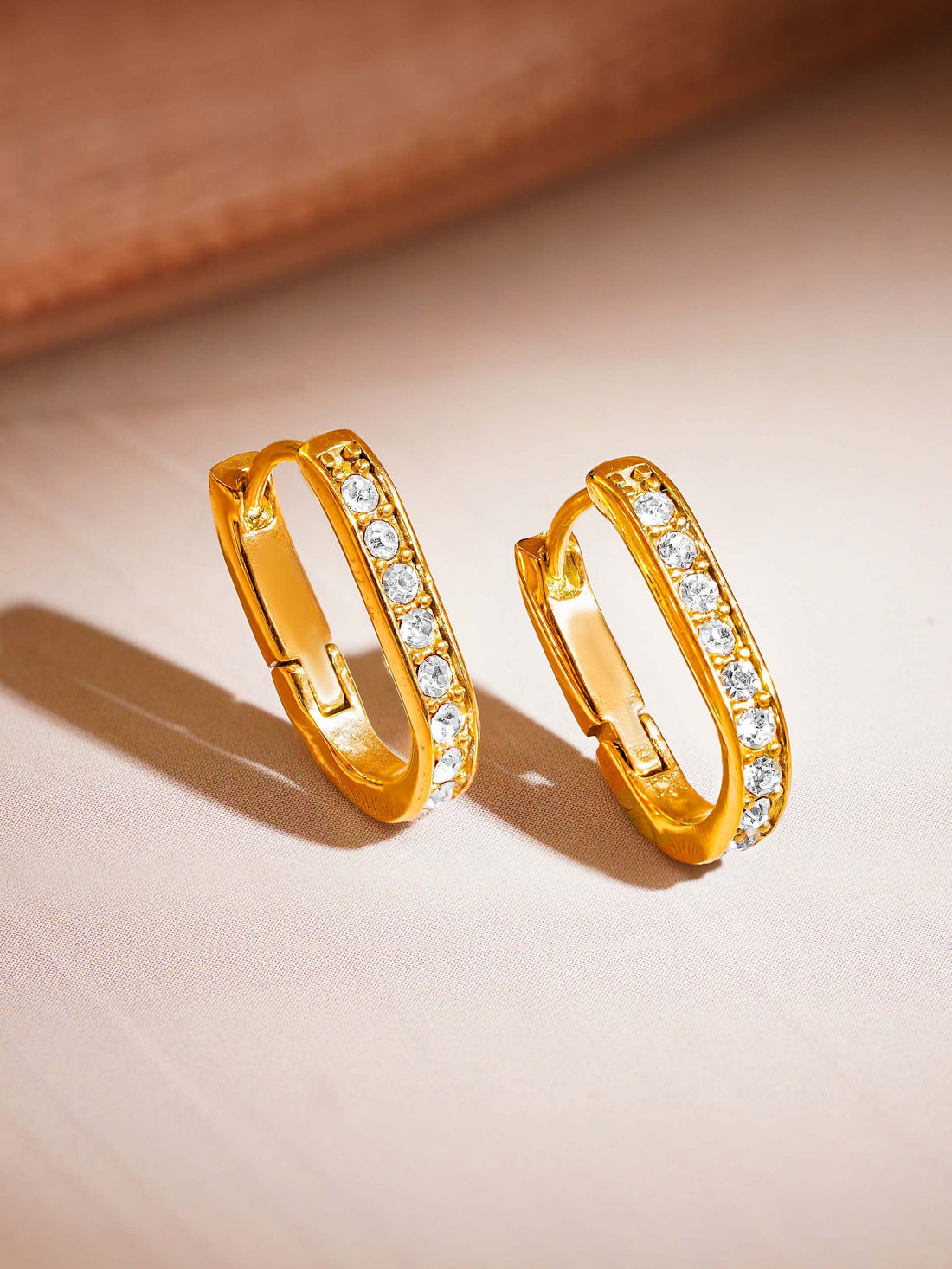 18K Gold Plated Dainty Zircon Studded Oval Hoop Earrings