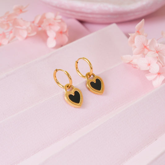 18K Gold Plated Black & White Heart Drop Earrings