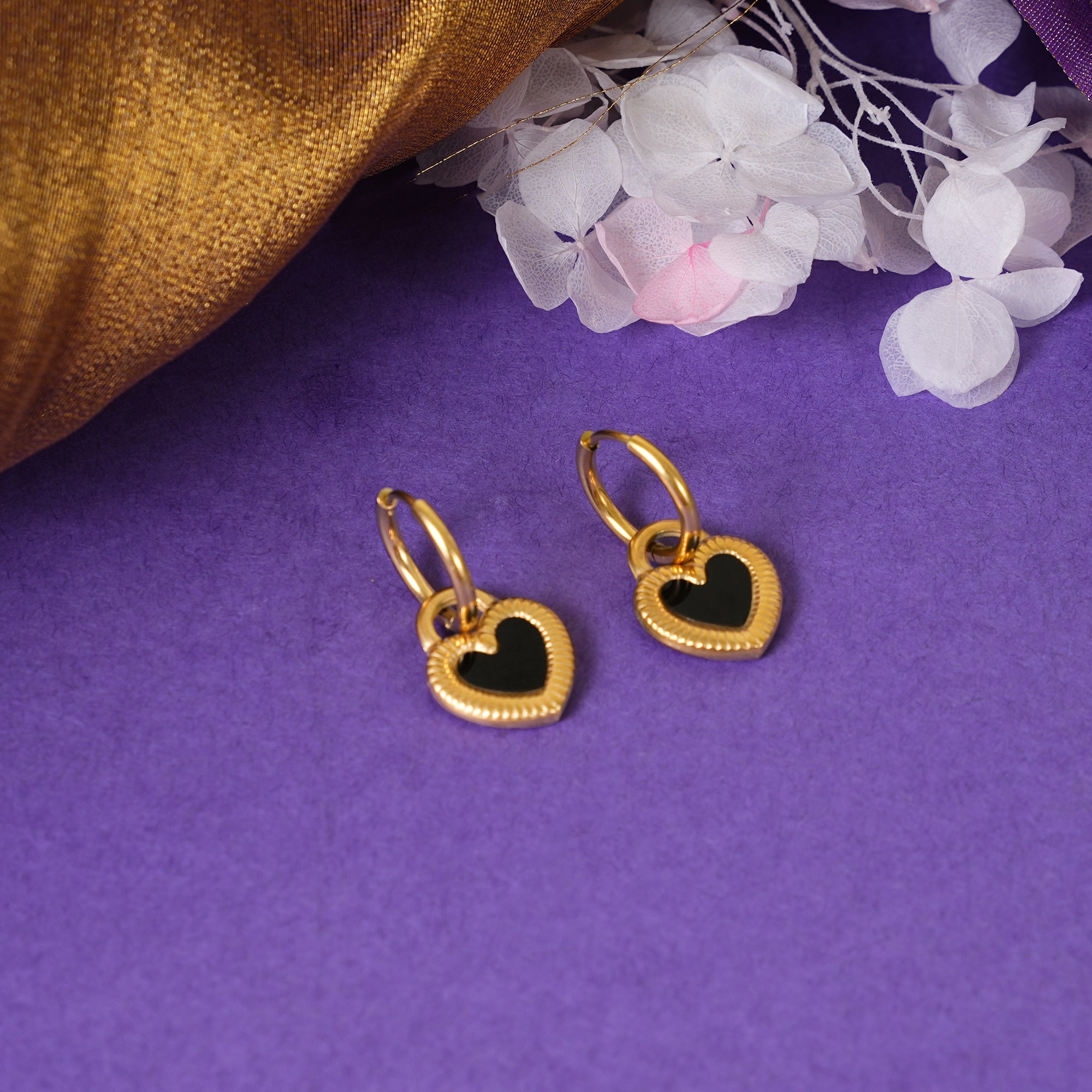 18K Gold Plated Black &amp; White Heart Drop Earrings