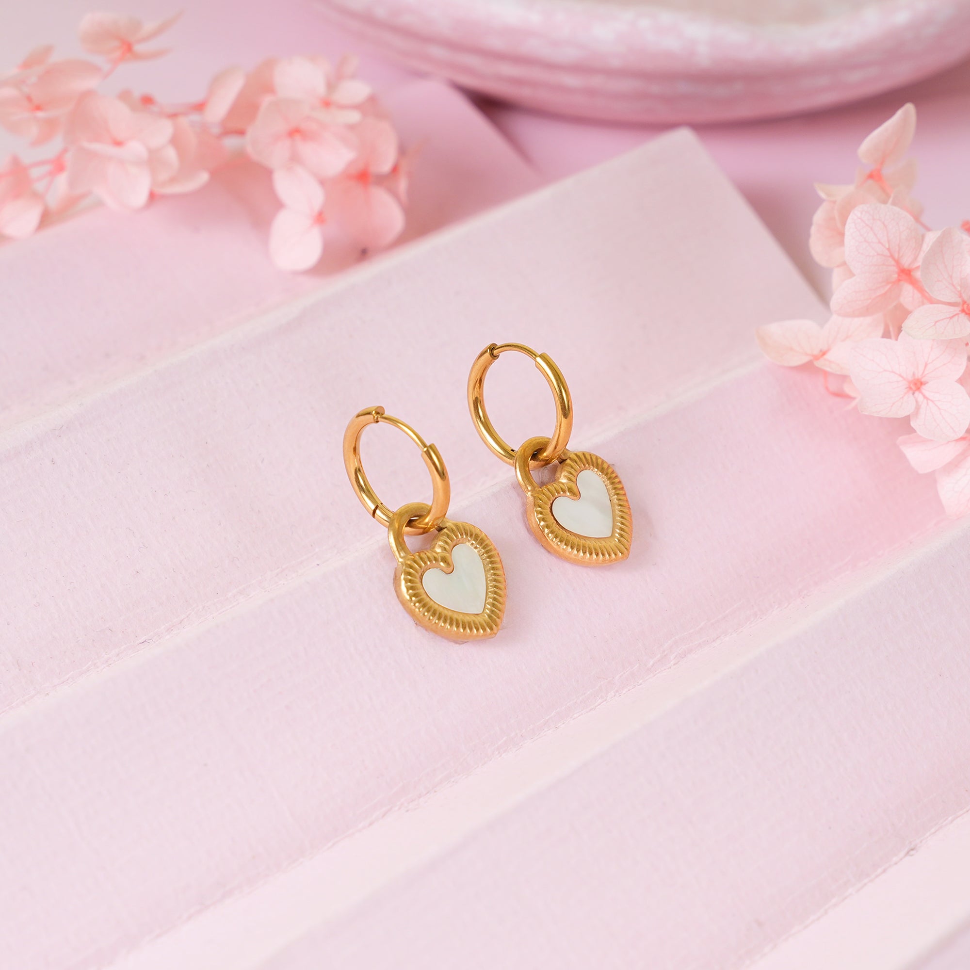 18K Gold Plated Black &amp; White Heart Drop Earrings