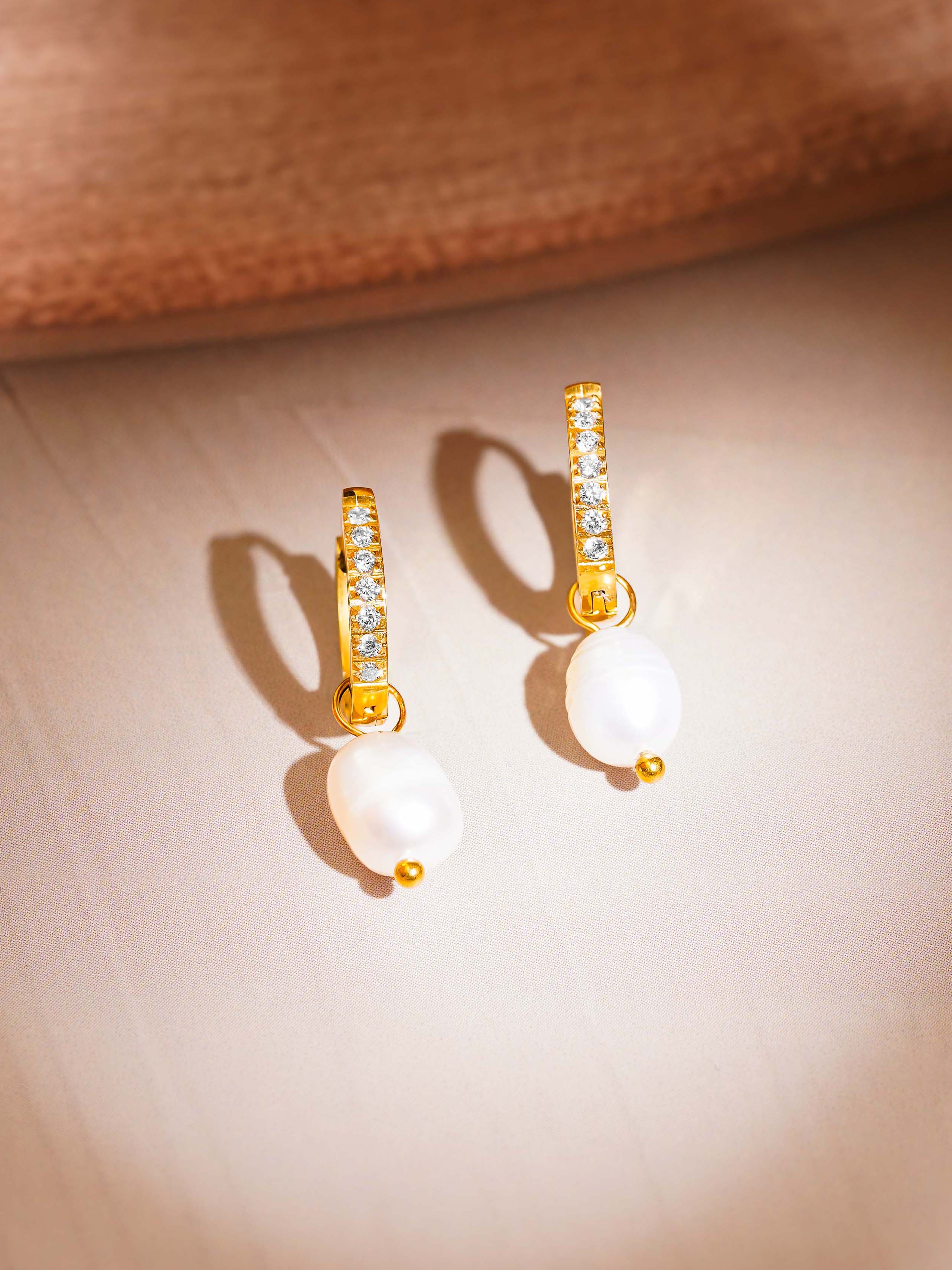 18K Gold Plated Pearl Drop CZ Studded Huggie Hoop Earrings