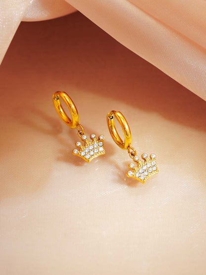 18K Gold Plated Crown Charm Hoop Earrings