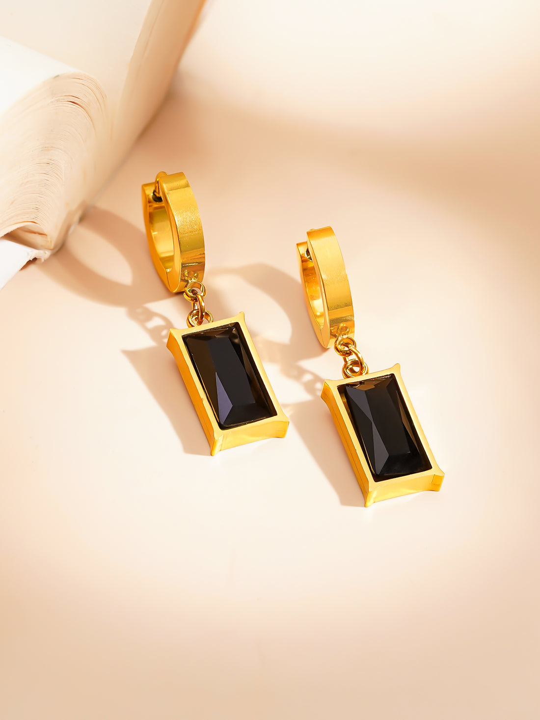 18K Gold Plated Black Stone Drop Hoop Earrings