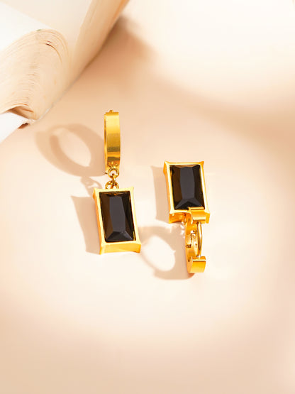 18K Gold Plated Black Stone Drop Hoop Earrings