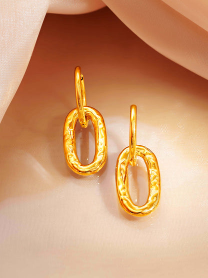 18K Gold Plated Textured Oval Drop Hoop Earrings