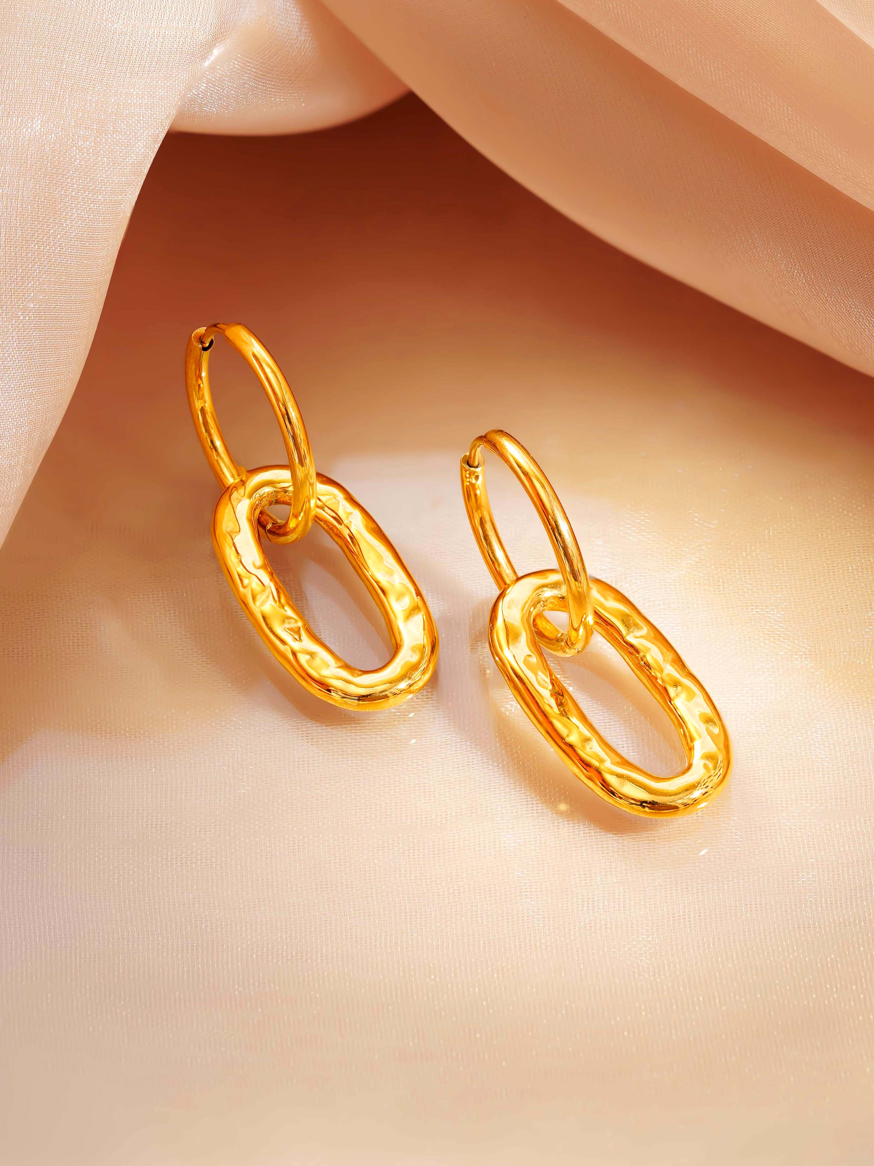 18K Gold Plated Textured Oval Drop Hoop Earrings