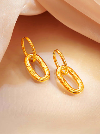 18K Gold Plated Textured Oval Drop Hoop Earrings