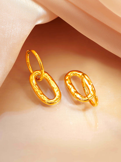 18K Gold Plated Textured Oval Drop Hoop Earrings