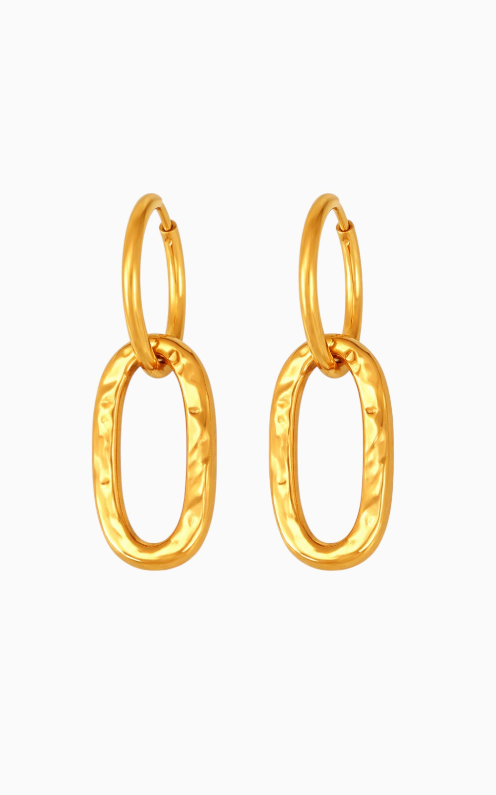 18K Gold Plated Textured Oval Drop Hoop Earrings