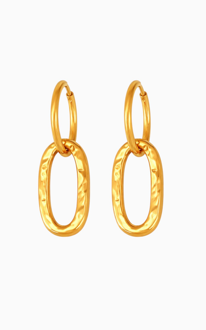 18K Gold Plated Textured Oval Drop Hoop Earrings