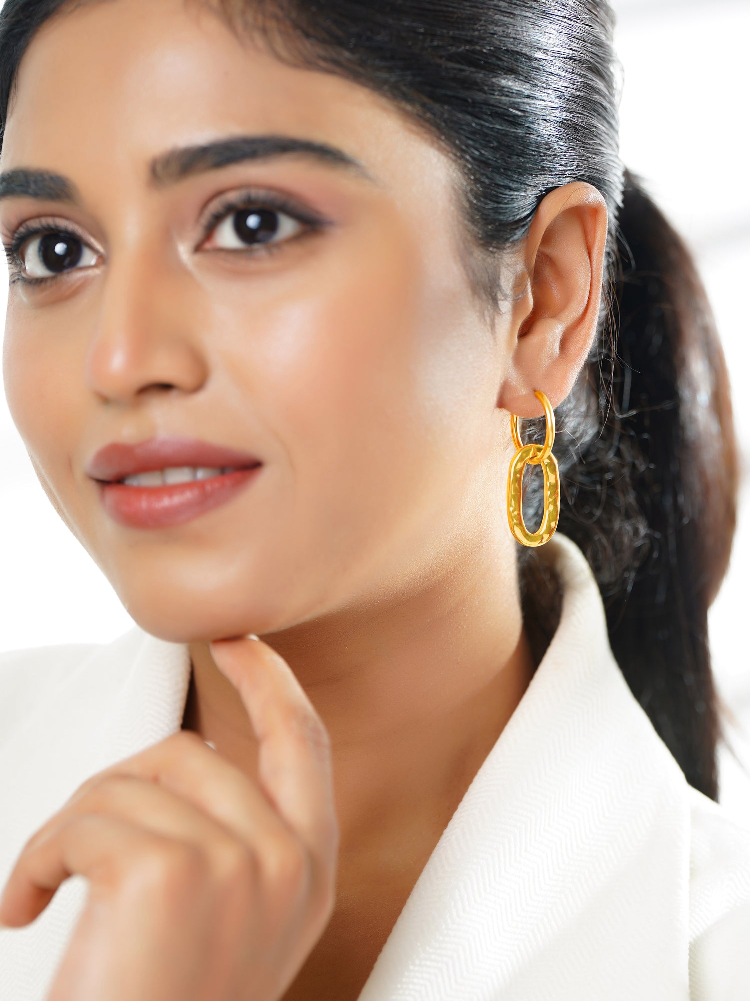 18K Gold Plated Textured Oval Drop Hoop Earrings