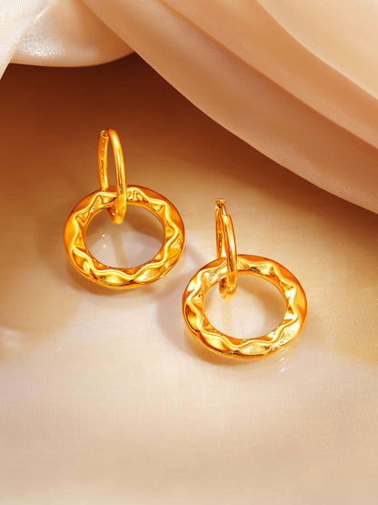 18K Gold Plated Textured Circle Drop Hoop Earrings
