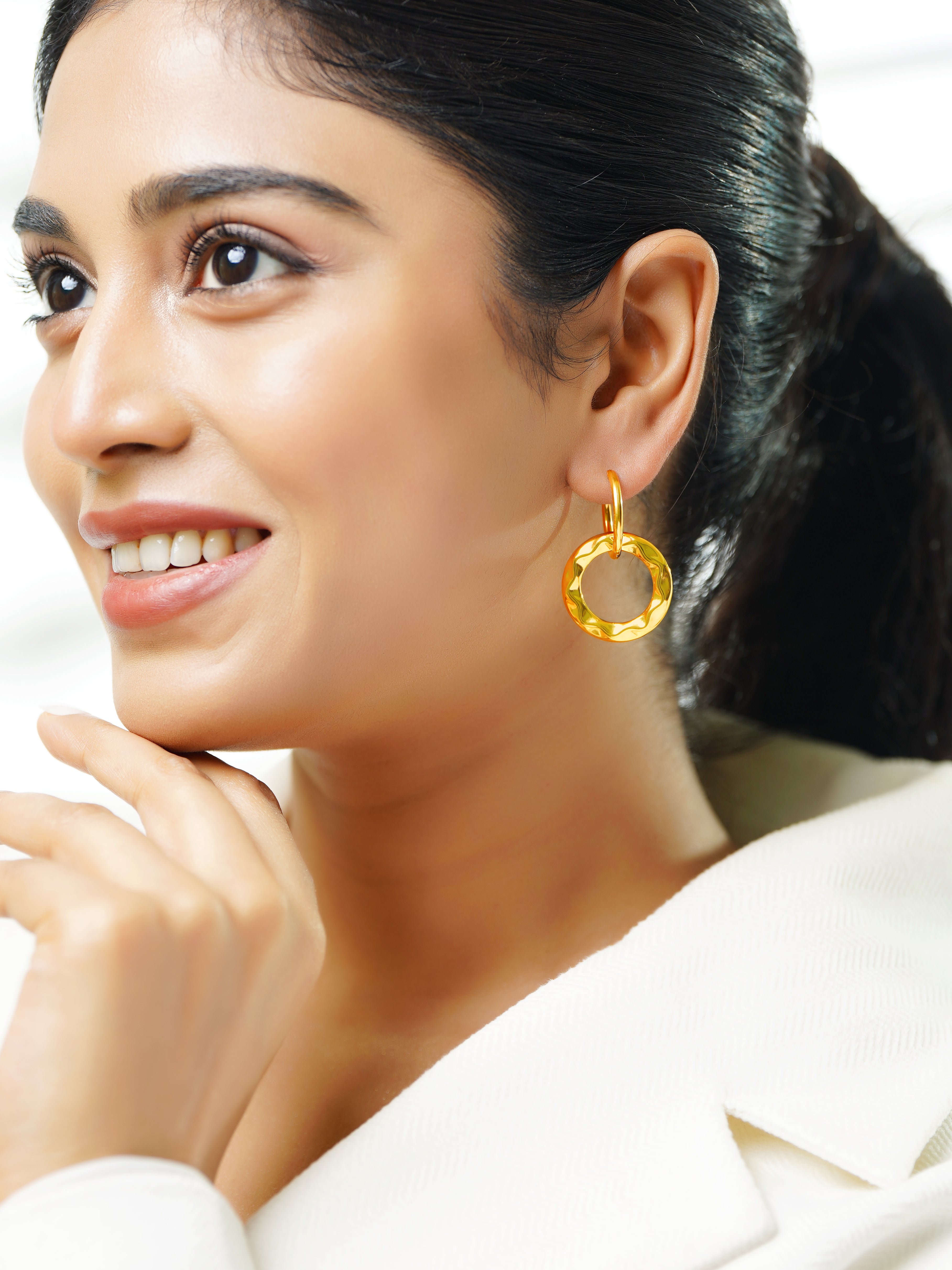 18K Gold Plated Textured Circle Drop Hoop Earrings