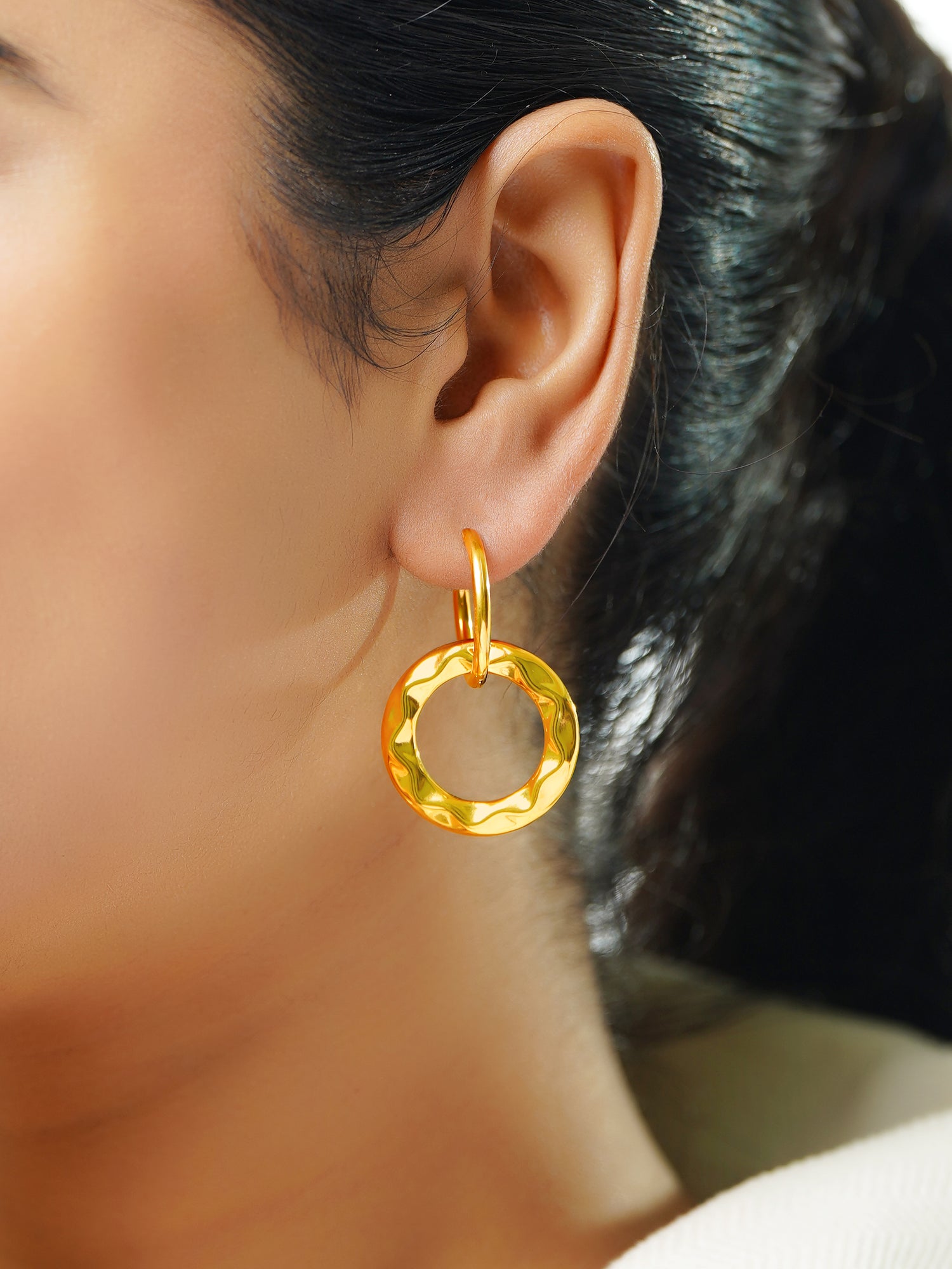 18K Gold Plated Textured Circle Drop Hoop Earrings