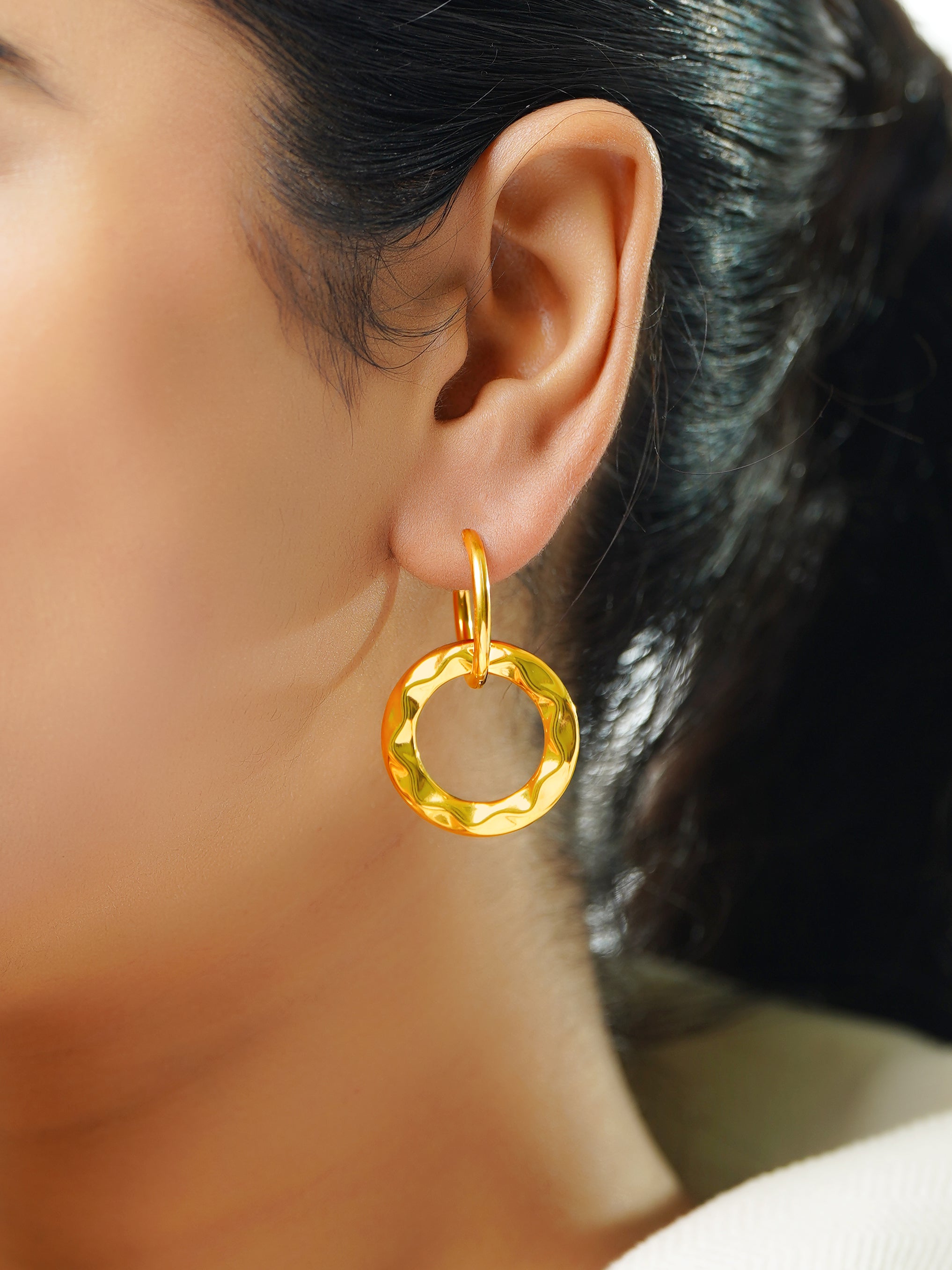 18K Gold Plated Textured Circle Drop Hoop Earrings