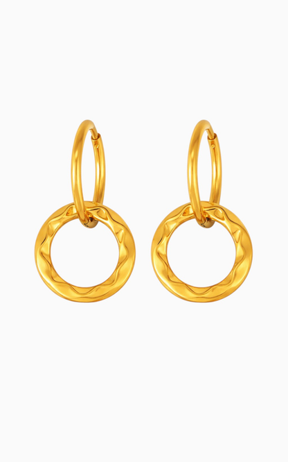 18K Gold Plated Textured Circle Drop Hoop Earrings