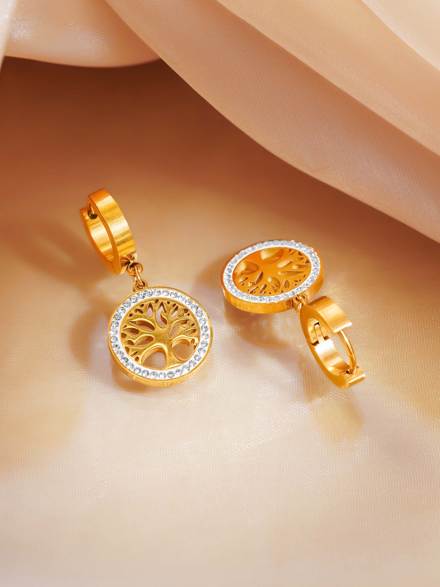 18K Gold Plated Tree of Life Drop Hoop Earrings
