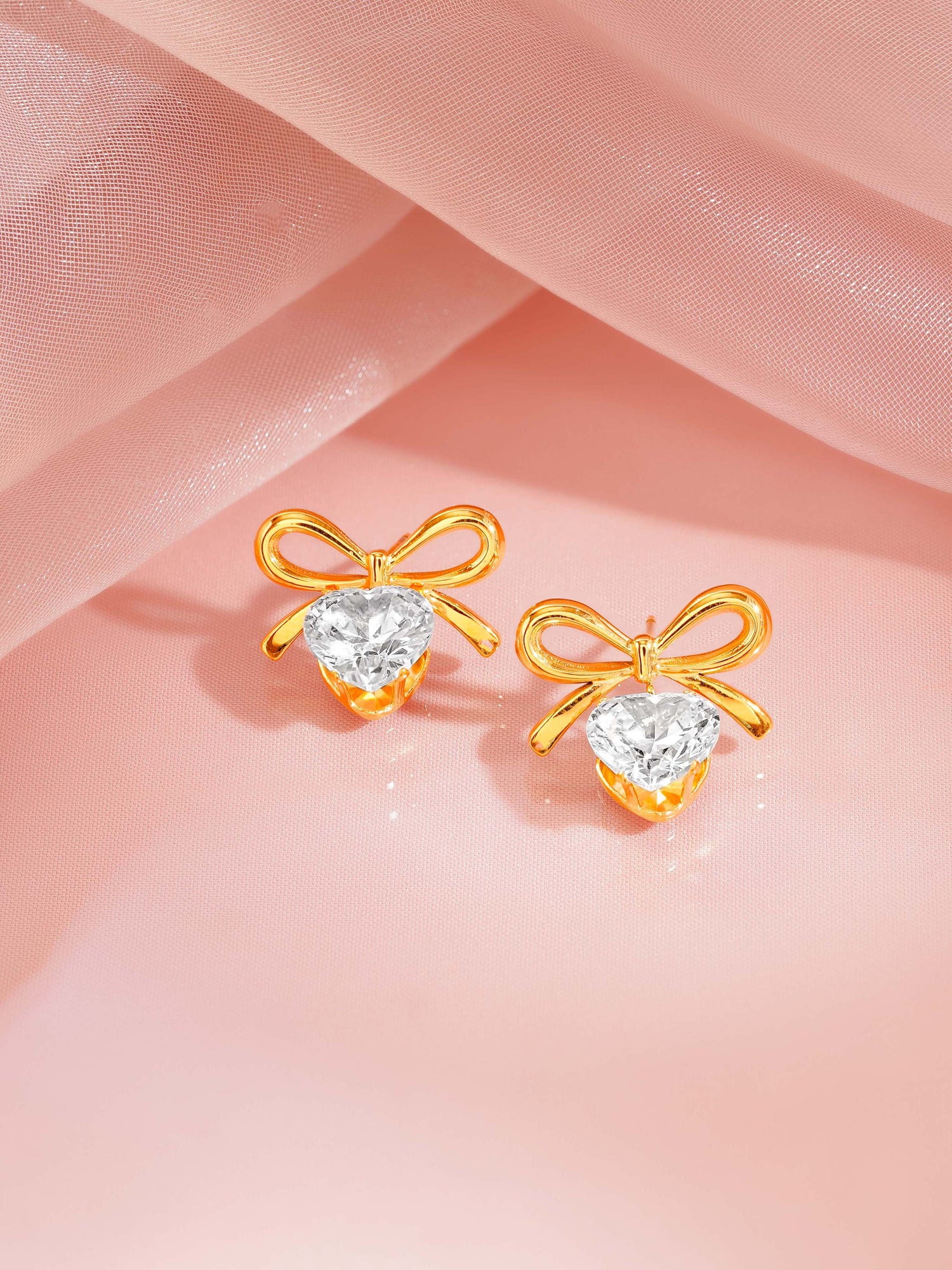 18K Gold Plated Bow &amp; Heart Crystal Drop Earrings