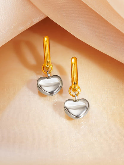 18K Gold Plated Two-Tone Heart Drop Hoop Earrings