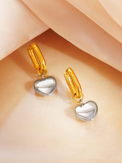 18K Gold Plated Two-Tone Heart Drop Hoop Earrings