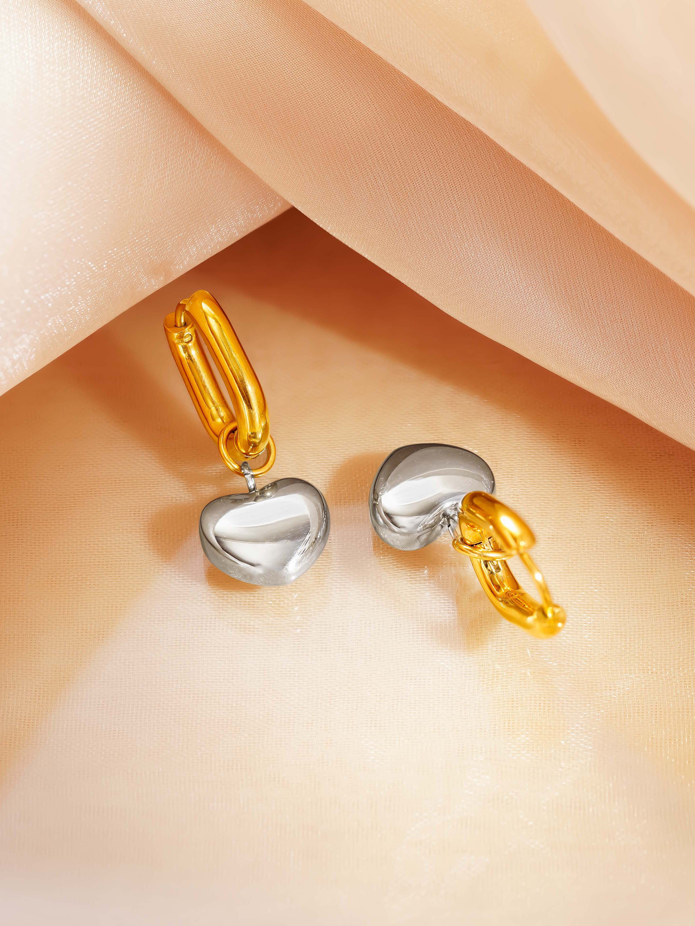 18K Gold Plated Two-Tone Heart Drop Hoop Earrings