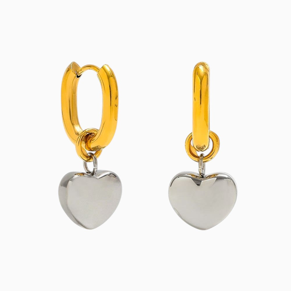 18K Gold Plated Two-Tone Heart Drop Hoop Earrings