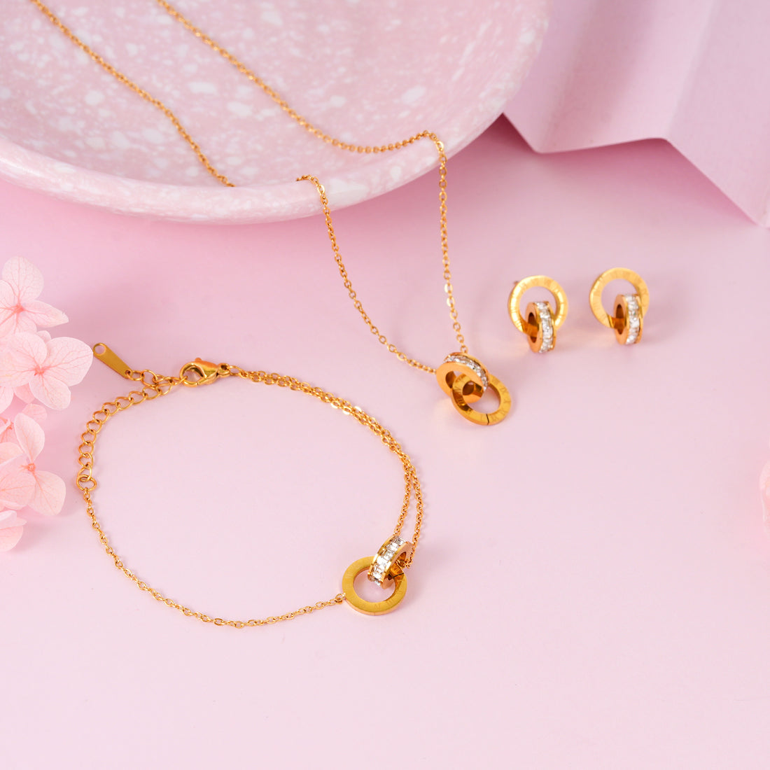 18K Gold Plated Golden Orbit Jewellery Set of 3 (Bracelet, Necklace, and Earrings)