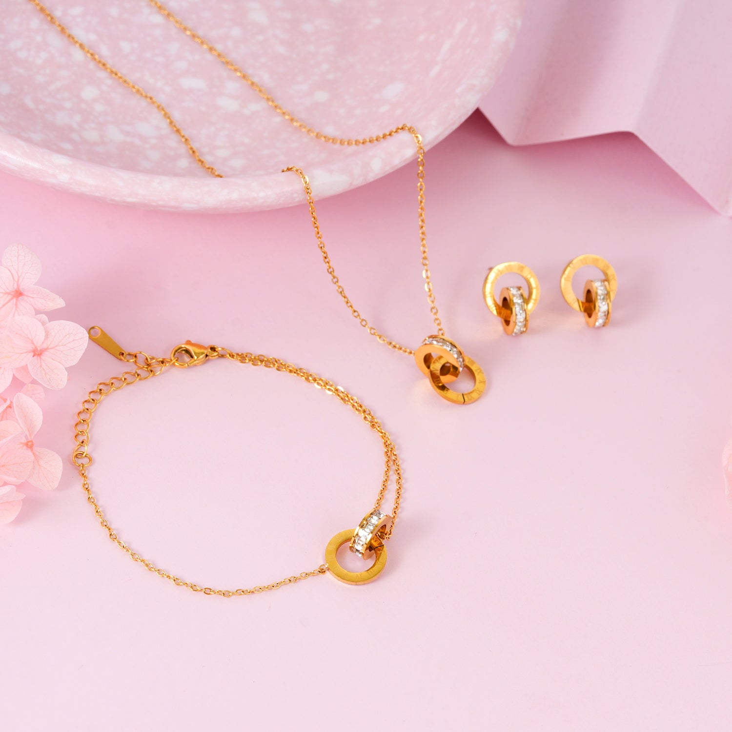 18K Gold Plated Golden Orbit Jewellery Set of 3 (Bracelet, Necklace, and Earrings)