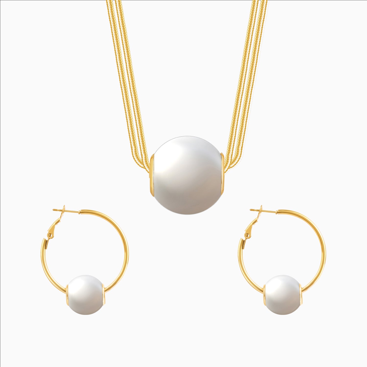 18k gold plated pearl necklace and earrings set on white background