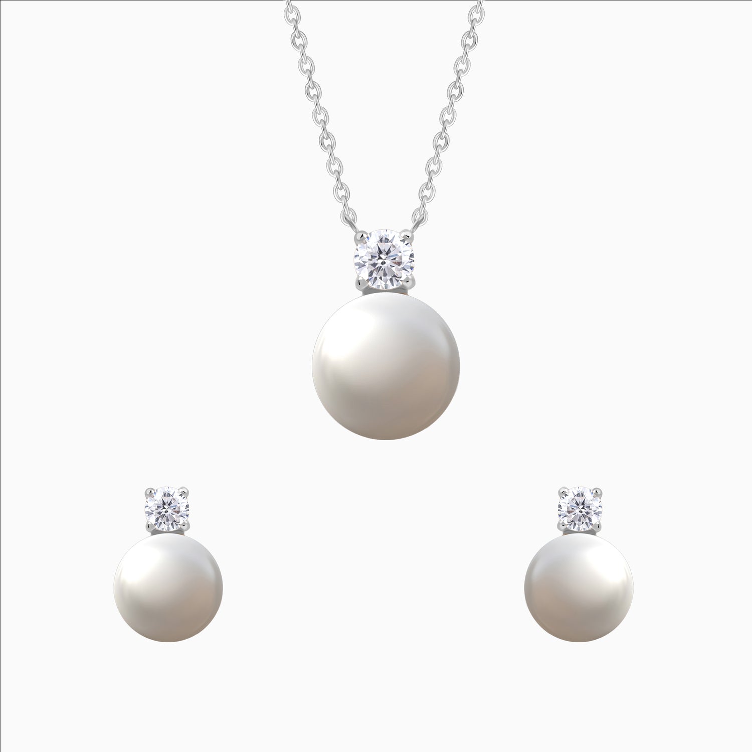 Lustrous Bond pearl necklace and earrings in silver