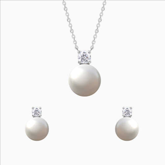 Lustrous Bond pearl necklace and earrings in silver