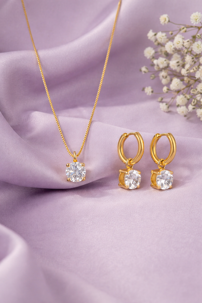 18K Gold Plated Solitaire Pendant Necklace &amp; Hoop Earrings Set for Women