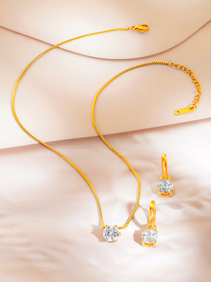 18K Gold Plated Solitaire Pendant Necklace &amp; Hoop Earrings Set for Women