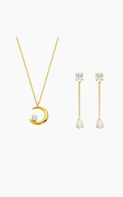 18K Gold Plated Crescent Moon Necklace and Drop Earrings Set
