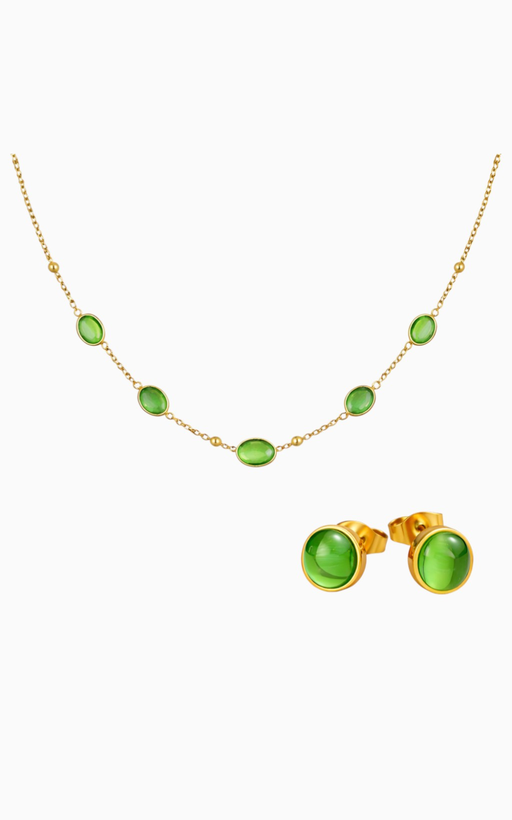 18K Gold Plated Green Stone Necklace and Stud Earrings Set