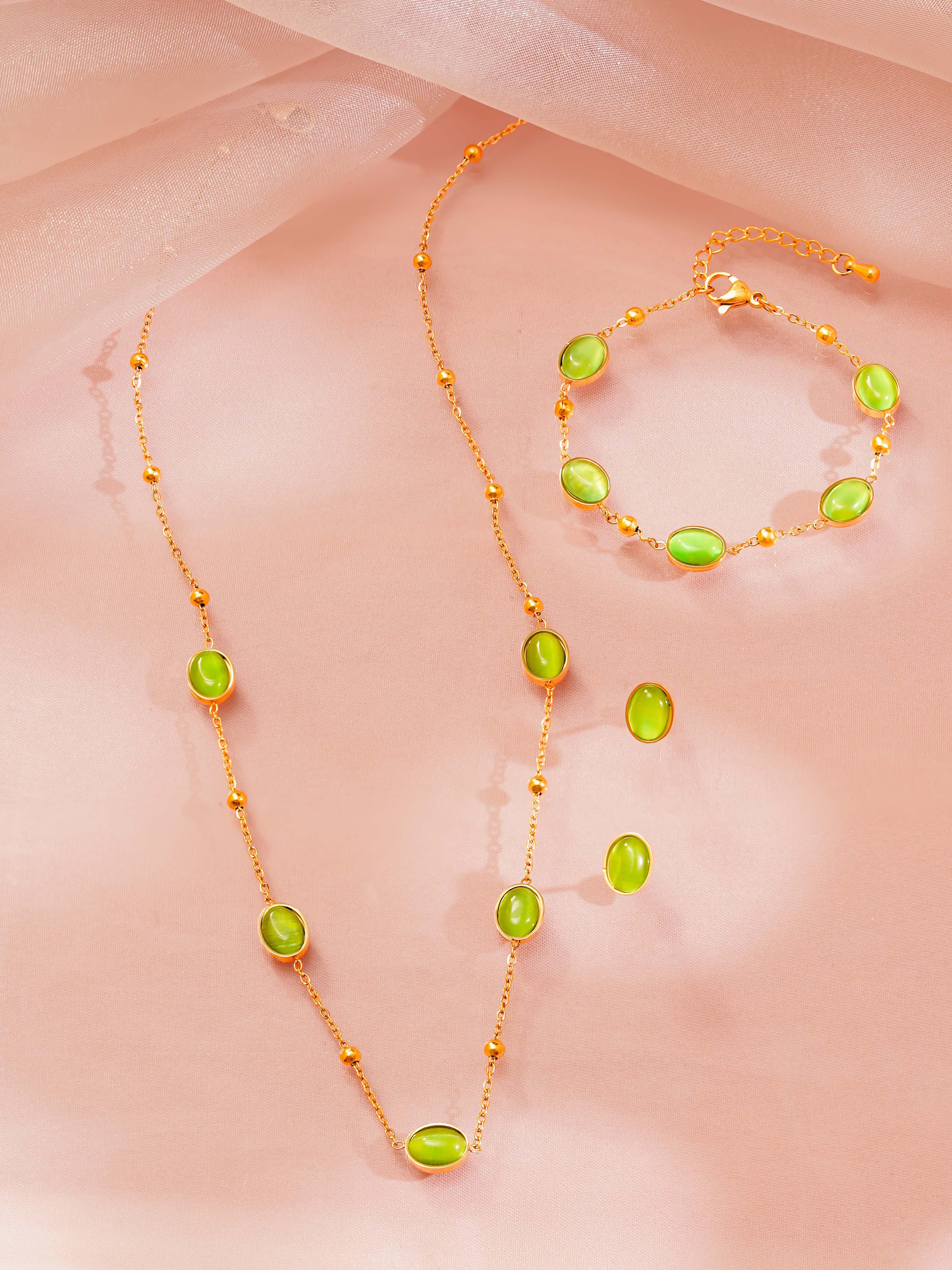 18K Gold Plated Green Stone Necklace, Bracelet and Stud Earrings Set