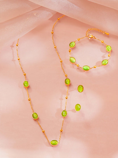 18K Gold Plated Green Stone Necklace, Bracelet and Stud Earrings Set