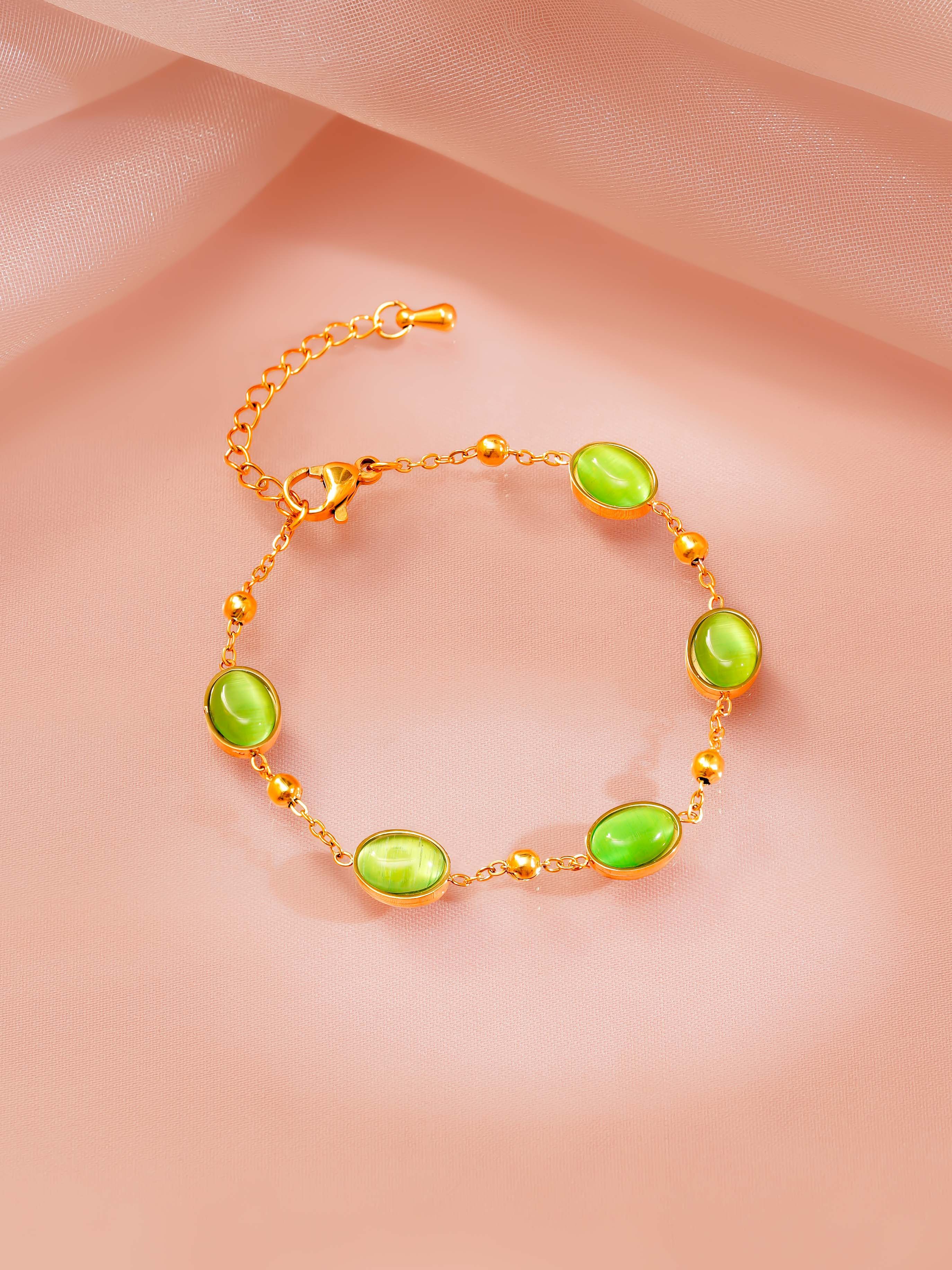 18K Gold Plated Green Stone Necklace, Bracelet and Stud Earrings Set