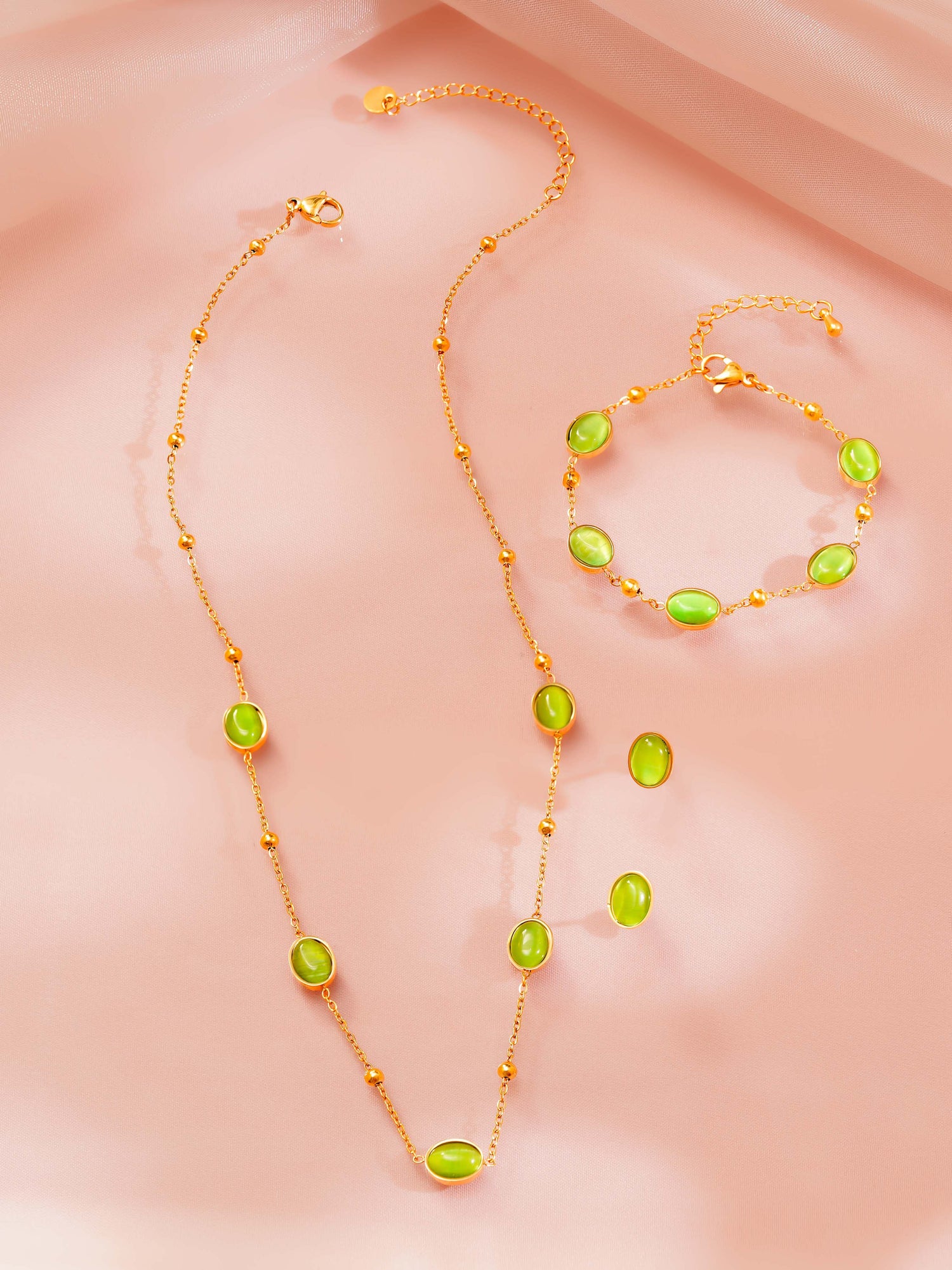 18K Gold Plated Green Stone Necklace, Bracelet and Stud Earrings Set